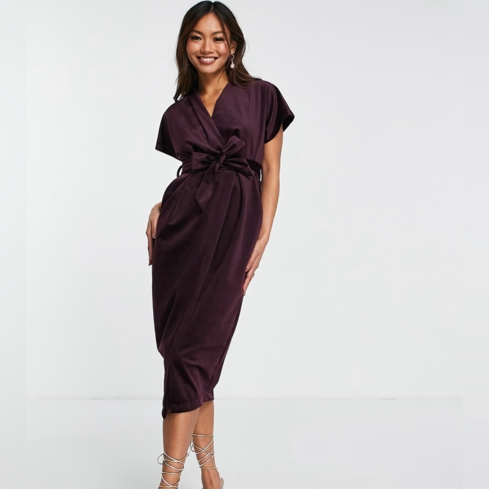 Closet London Kimono Sleeve Velvet Midi Dress with Wrap Tie, Plum, Size 4